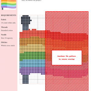 Cross-stitch pattern depicting a rainbow flag, featuring clear instructions and DMC/Anchor thread color numbers.