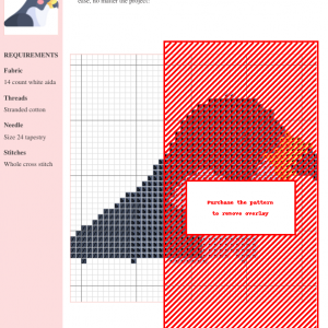 Cross stitch pattern depicting a majestic falcon in shades of red, orange, and gray. The image shows a grid with colored squares indicating the stitch pattern.