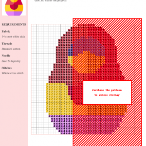 Cross-stitch pattern depicting a vibrant Matryoshka doll design in warm colors. The pattern uses whole cross stitches and includes a color key.