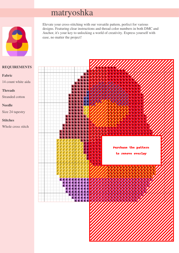 Cross-stitch pattern depicting a vibrant Matryoshka doll design in warm colors. The pattern uses whole cross stitches and includes a color key.