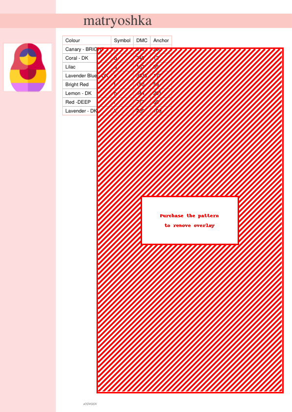 Image of a cross-stitch pattern featuring a diagonal striped design in red and white, representing a Matryoshka doll pattern. The image shows a color key and DMC thread codes.