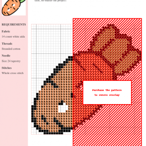 Cross-stitch pattern of an adorable cartoon carrot featuring orange and brown colors on white aida cloth.