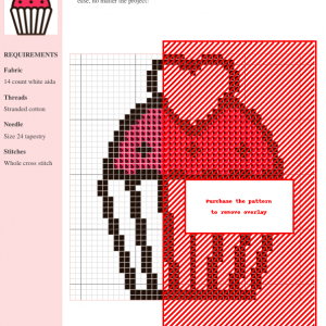 Cross stitch pattern of an adorable cupcake, featuring red and pink icing, and black outline. Design includes clear grid for stitching.