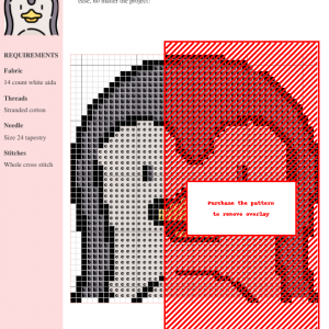 Cross-stitch pattern featuring an adorable penguin design, primarily in shades of gray and red.