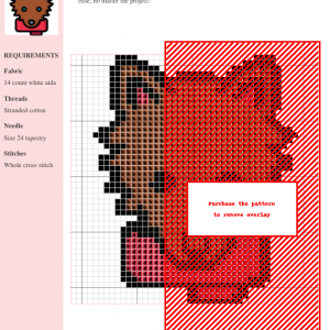 Cross-stitch pattern featuring a charming wolf design in browns, reds, and pinks. The pattern includes a color key and materials list.