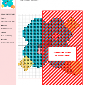 Cross stitch pattern chart featuring a cute, whimsical flower design in teal, red, and yellow, suitable for crafting projects.