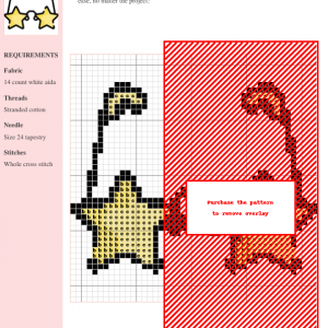 Cross stitch pattern depicting a pair of glasses adorned with stars. The pattern includes a color key and instructions.