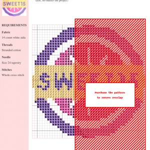 Image of a cross-stitch pattern featuring a floral design in shades of purple, pink, and cream on a white aida cloth. A watermark obscures the complete pattern.