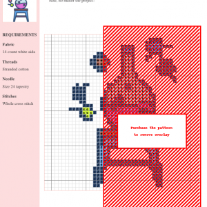 Cross stitch pattern featuring a modern geometric design in shades of red, blue, and yellow on 14 count white aida fabric.