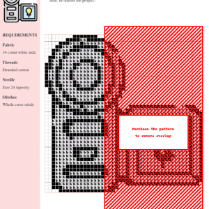 Cross-stitch pattern of a vintage video camera, designed in black and white on a white aida cloth. The image shows a chart with stitch instructions.