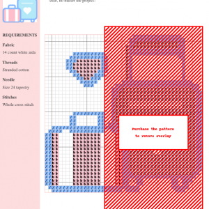 Cross stitch pattern featuring two charming suitcases, symbolizing travel and adventure. The design uses pink and blue threads on white aida fabric.