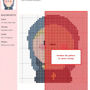Cross-stitch pattern featuring a modern depiction of a nun, in muted blues and reds. The pattern includes a key and color chart.