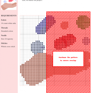 Cross-stitch pattern showcasing a charming floral design with poppies in various shades of red, purple, and beige. The pattern includes clear gridlines and color-coded symbols.