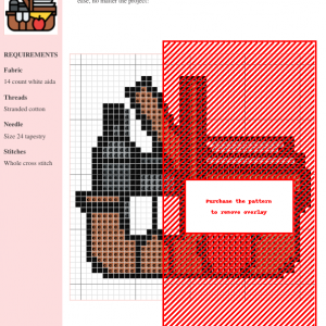 Cross stitch pattern depicting a charming picnic scene, featuring a picnic basket and other details. Uses brown, red, and grey threads on white aida fabric.