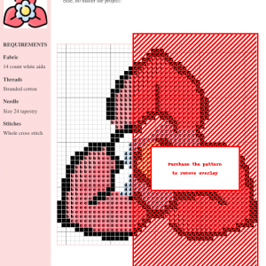 Cross stitch pattern featuring a vibrant bougainvillea flower in shades of red and pink. The image shows a color chart with DMC and Anchor thread numbers.