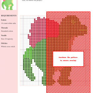 Cross stitch pattern of a Spinosaurus dinosaur, featuring shades of red, green, and brown on white aida fabric. The pattern includes a color key.