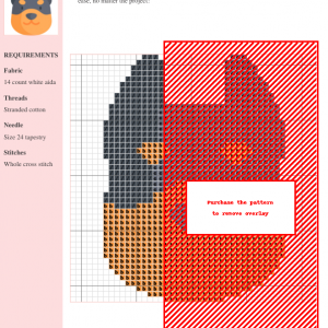 Cross stitch pattern of a Doberman Pinscher dog, featuring grey, brown, and red threads on white aida cloth. DMC and Anchor thread colors are specified.