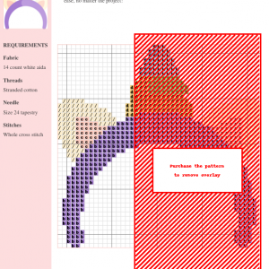 Cross stitch pattern showcasing a magical unicorn design, featuring various shades of purple, orange, and yellow on white aida fabric.