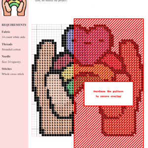 Cross stitch pattern of a colorful flower bouquet held in hands, with a rainbow heart detail. Includes DMC and Anchor thread color numbers.