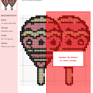 Cross stitch pattern of a pair of maracas in shades of red, pink, and beige. The design includes a key and color chart.