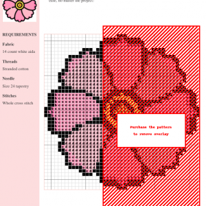 Cross-stitch pattern showcasing a pink cosmos flower. The design includes a color key and grid for easy stitching.
