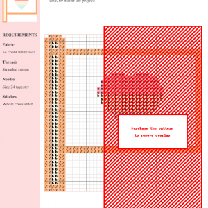Cross-stitch pattern depicting a stylized flag design, featuring red, white, and peach colors. The pattern includes clear gridlines and stitch instructions.