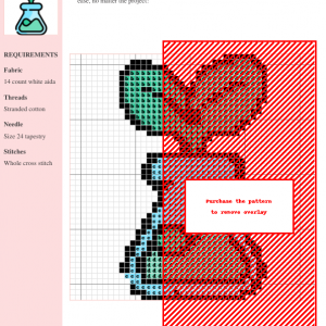Cross stitch pattern of a whimsical flask, featuring teal, brown, and red thread colors on 14 count white aida fabric. DMC and Anchor thread numbers included.