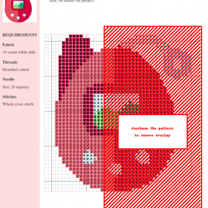 A digital cross-stitch pattern showcasing a charming Tamagotchi design in shades of red and pink. The image shows a color-coded chart and materials list.