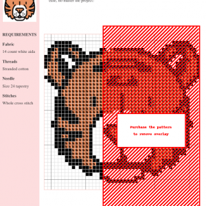 Cross stitch pattern of a majestic tiger, featuring brown and red tones on white aida fabric. Clear instructions and DMC/Anchor thread color numbers are included.