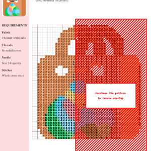 Cross-stitch pattern for a shopping bag featuring a colorful design on 14-count white Aida fabric. The pattern uses stranded cotton thread and includes clear instructions and DMC/Anchor thread color codes.