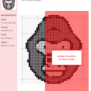 Cross stitch pattern of a Groovy Gorilla, featuring shades of gray and red. The design showcases a detailed primate face.