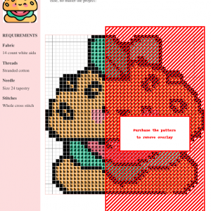 Cross stitch pattern of a cute vegan burger, featuring various colors and a pixelated design style. The pattern includes a color key and instructions.