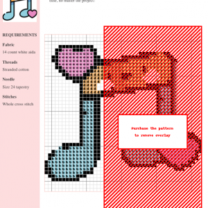 A cross-stitch pattern depicting musical notes in various colors, including light blue, pink, orange, and red, on a white aida fabric. The pattern includes clear instructions and DMC/Anchor thread color numbers.