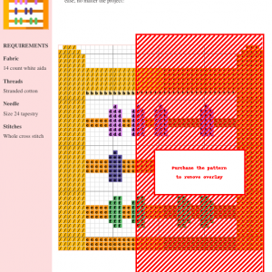 Cross stitch pattern of a whimsical abacus with orange, purple, and green beads. The design is charted on 14-count white Aida cloth.