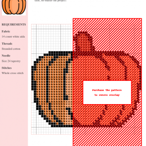 Cross-stitch pattern of a charming autumn pumpkin featuring orange and brown shades. The pattern includes clear grid and color key.