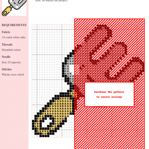 Cross stitch pattern of a charming rustic rake, featuring red and beige threads on white aida fabric. DMC and Anchor thread colors are included.