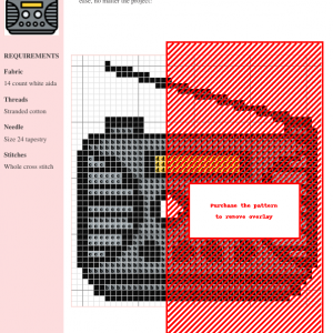 Cross stitch pattern of a vintage radio, featuring grayscale and red color palette. Clear instructions and thread color numbers are included.