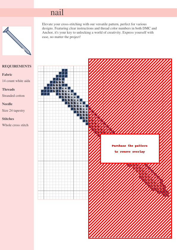 Cross stitch pattern depicting a stylized nail design, perfect for nail art enthusiasts. The pattern uses shades of blue and is shown on 14-count white aida fabric.