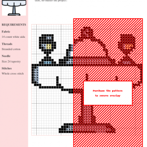 Cross stitch pattern depicting a cozy dinner table scene. The design uses predominantly red and black threads on white aida cloth.