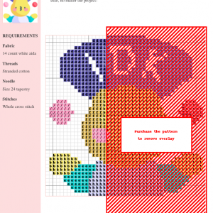 Image of a cross-stitch pattern featuring a colorful floral design with various shades of purple, pink, yellow, orange, and teal. The pattern utilizes whole cross stitches and is available as an instant PDF download.