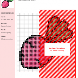 Cross stitch pattern of a beetroot in shades of pink and red, using DMC and Anchor threads. Chart includes color key and material requirements.