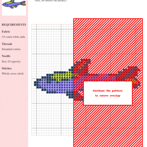 Cross-stitch pattern of a whimsical fish, featuring purple, yellow, and dark blue tones on white aida fabric. Part of the design is obscured by a red overlay.