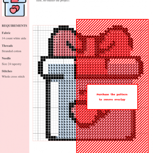 Cross-stitch pattern of a gift box with a ribbon and heart, featuring a color key and instructions.