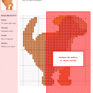 Cross-stitch pattern featuring a Tsintaosaurus dinosaur in shades of orange and brown on a white aida cloth. Clear instructions and DMC/Anchor thread color numbers are included.