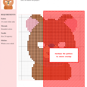 Cross stitch pattern featuring a charming beaver design in brown, pink, and red, using whole cross stitch.