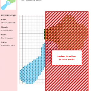 Cross-stitch pattern showcasing a charming broccoli design in light blue, tan, and red on a white aida cloth. The image includes a key showing required materials and stitch type.