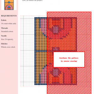 Cross-stitch pattern showcasing a basketball court design. The pattern uses various shades of orange, red, and blue on white aida cloth.