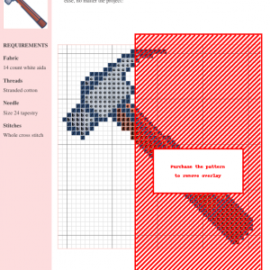 Cross-stitch pattern of a hammer, featuring a detailed design with various shades of blue, gray, and brown threads on white aida fabric. Clear instructions and DMC/Anchor thread color numbers are included.