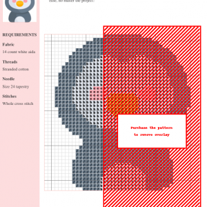 Cross stitch pattern of an adorable penguin, featuring gray and red color scheme. Clear grid and color-coded instructions are included.