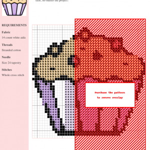 Cross-stitch pattern of an adorable muffin in purple and red, perfect for beginner stitchers. Includes a color key and grid.